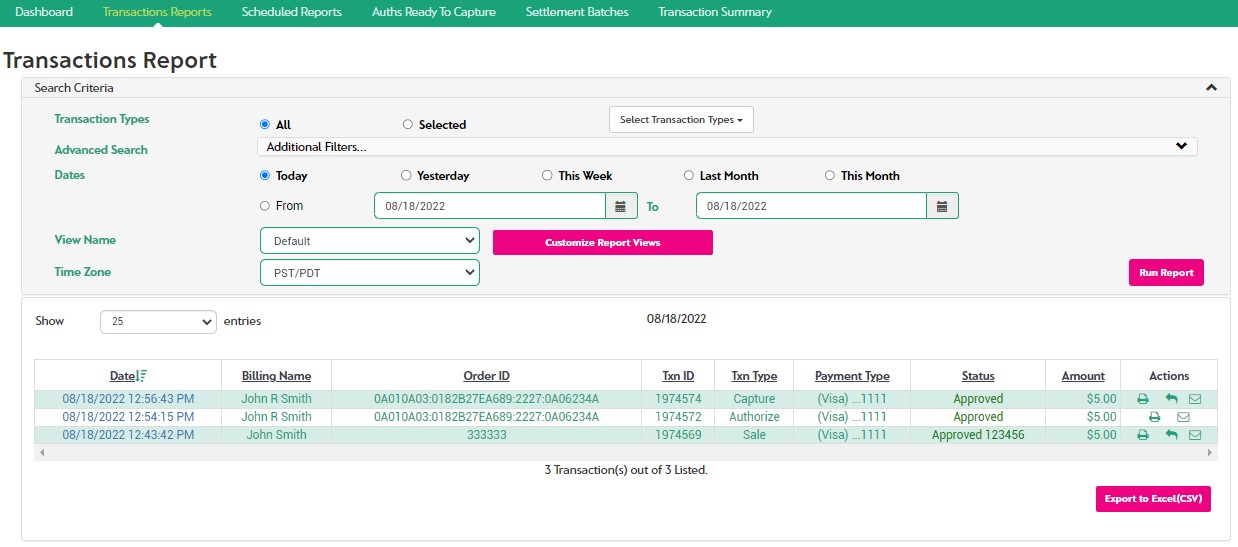 Transactions Report Page