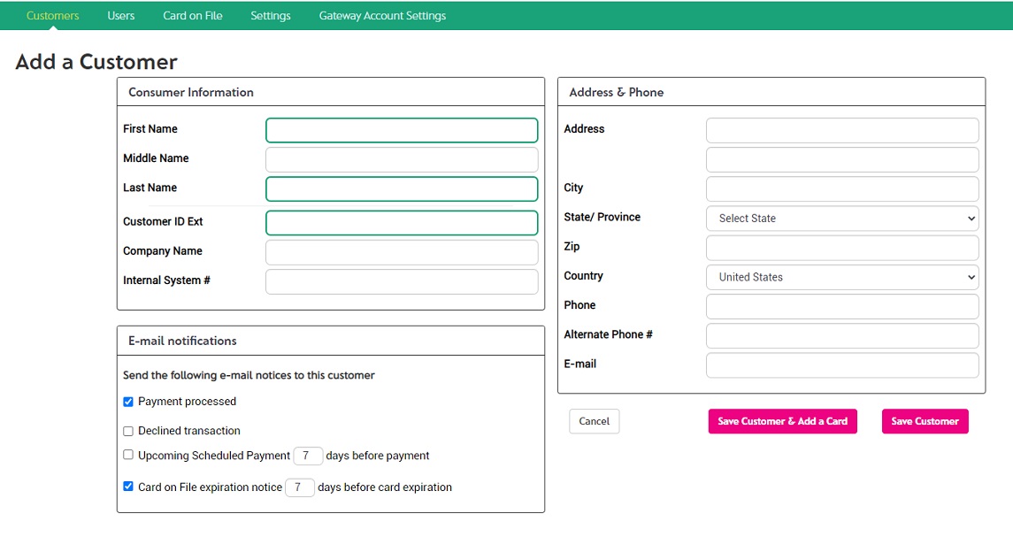 Customer screen with Custom Fields